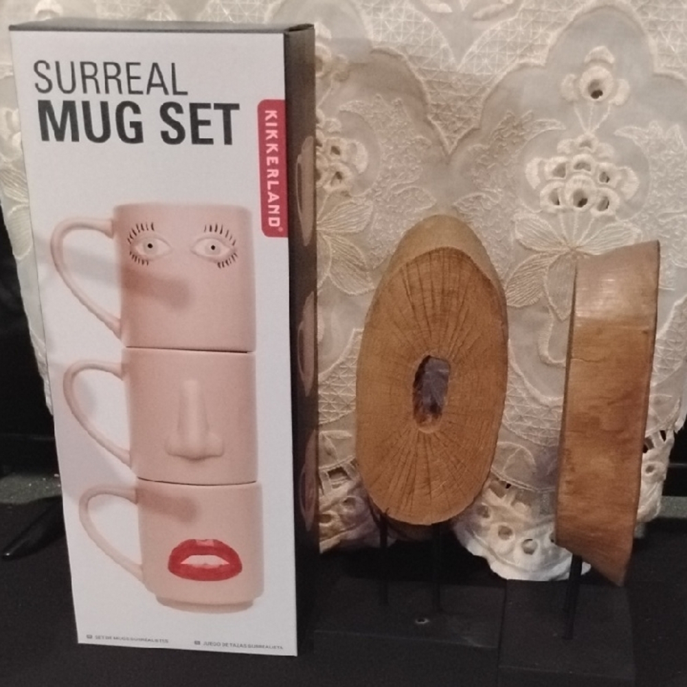 Kikkerland Surreal Pink Mug Set with Artistic Faces & Wood Book Ends